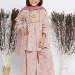 Little Bansi Kids Brown Embroidered Kurta , Sharara with Dupatta-image-31