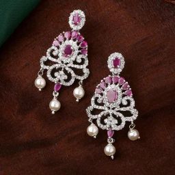 Estele Rhodium-Plated CZ Tiara Pearl & Ruby Crystals Dangler Earrings-5