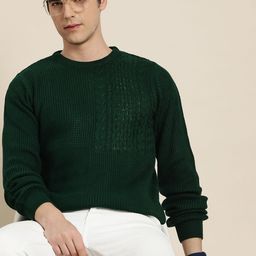 INVICTUS Men Green Self-Design Acrylic Cable Knit Pullover-image-55