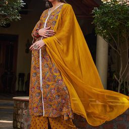 Shae by SASSAFRAS Floral Printed Thread Work Pure Cotton Kurta With Trouser & Dupatta-7