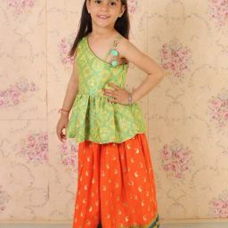 TWISHA Kids Green & Orange Self Design Top with Ghagra-image-72