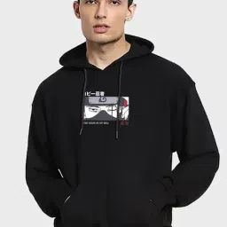 Bewakoof Black Relaxed Fit Graphic Print Oversized Hooded Sweatshirt-picture-11
