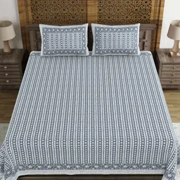 BLOCKS OF INDIA Grey & White Ethnic Motifs 210 TC King Bedsheet with 2 Pillow Covers-image-40