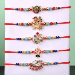 Aapno Rajasthan Set of 5 Om and Shiva Beaded Rakhi with Roli Chawal image 4