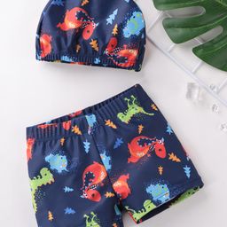 Babyhug Quick Dry Swimming Trunk With Cap Dino Print- Blue-image-43