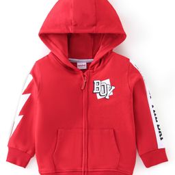 Babyhug Cotton Knit Full Sleeves Sweatjacket With Zipper Hood & Graphics Detailing - Red-image-12