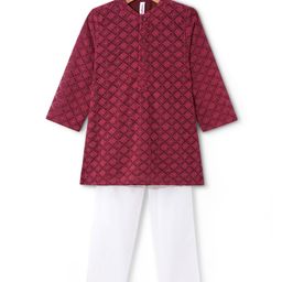 Babyhug 100% Cotton Schiffli Woven Full Sleeves Kurta & Pyjama Set With Floral Design - Maroon-image-28