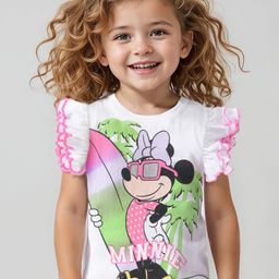 Babyhug Disney Cotton Knit Frill Sleeves T-Shirt with Minnie Mouse Graphics Print and Glitter Graphics - White-image-88