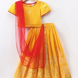 Saka Designs Cotton Rayon Woven Half Sleeves Embroidered Choli Lehenga Set with Dupatta -  Yellow & Red-image-70