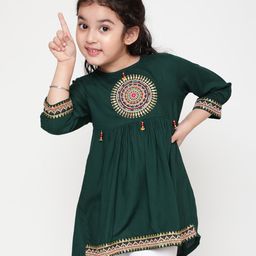 ISHTI Three Fourth Sleeves Beads Embellished Top - Bottle Green-image-4