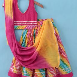 Exclusive from Jaipur Cotton Woven Sleeveless Lace Detailed Halter Neck Choli Lehenga Set with Dupatta- Multicolour-image-88