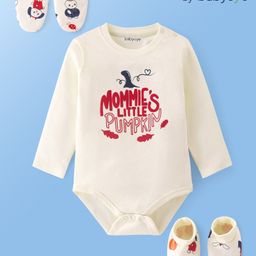 Babyoye  100% Cotton Knit With Eco Jiva Finish Full Sleeves  Text Printed Onesie with Pair of Mittens & Booties - White-image-13