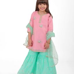 Babyhug Woven Full Sleeves Sequinned Chanderi Floral Embroidered Kurti Gharara & Net Dupatta Set - Pink & Blue-image-36