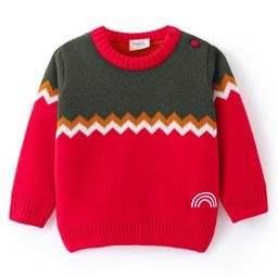 Doodle Poodle Knitted Full Sleeves Pullover Sweater with Colour Block & Jacquard Knit Design - Red & Green-image-31