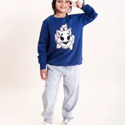 Kiddopanti Fleece Full Sleeves Cat Applique Sweatshirt & Track Pant Set - Navy & Grey Melange-picture-37