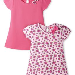 Babyhug Single Jersey Knit Half Sleeves Frocks With Floral Print & Bow Applique Pack of 2 - Dark Pink & Light Pink-picture-27