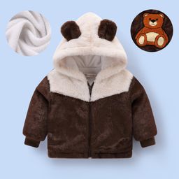 Kookie Kids Full Sleeves Hooded Fur Winter Jacket With Bear Patch & Ear Applique - Brown-image-14