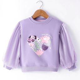 Little Kangaroos Knit Full Puffed Sleeves Sweatshirt with Heart Design & Sequin Detailing - Mauve-image-16