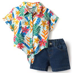 Babyhug Rayon Woven Half Sleeves Shirt Style Top & Shorts Set With Leaf & Floral Print - White & Blue-image-84