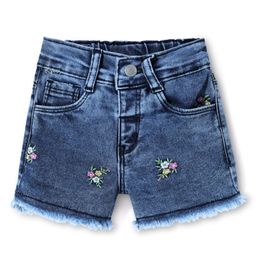 Babyhug Mid Thigh Washed Denim Shorts With Stretch & Floral Embroidery - Blue-image-86