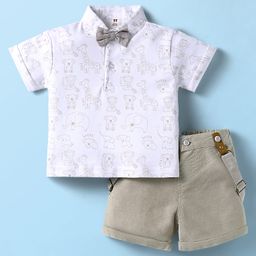 ToffyHouse Cotton Knit Half Sleeves Animal Printed Polo T-Shirt & Shorts With Bow & Suspender - White & Khaki-image-14