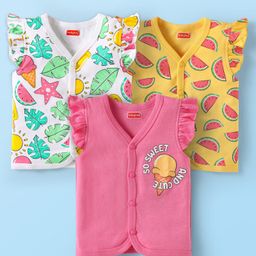 Babyhug 100% Interlock Knit Front Open Frill Sleeves Vests With Tropical Theme Pack Of 3 - Pink White & Yellow-11