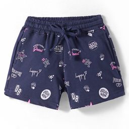 Olio Kids Cotton Knit Above Knee Length Shorts with Text Print - Navy Blue-picture-30