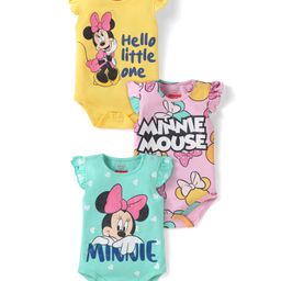 Babyhug Disney Interlock Knit Frill Sleeves Onesies With Minnie Mouse Family Graphics Pack Of 3 - Yellow & Plum-image-93