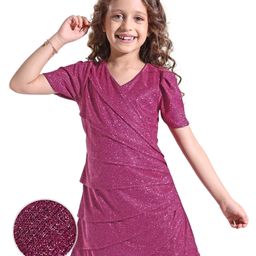 Hola Bonita Knit Half Sleeves Glittered Diagonal Pintuck Party Dress - Maroon-picture-21