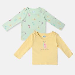 Nauti Nati Cotton Pack of 2 Full Sleeves Butterfly & Alphabets Printed Tees - Green & Mustard-image-79