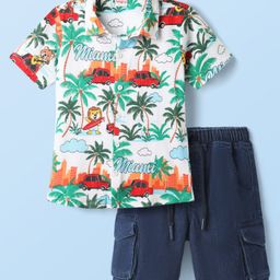 Babyhug Single Jersey Knit Half Sleeves Shirt & Denim Shorts Set With Beach Theme Print - White & Blue-image-45