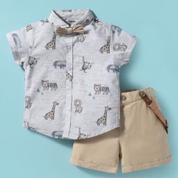 ToffyHouse Poplin Woven Half Sleeves Animal Printed Shirt & Shorts Set with Bow & Suspender - Light Grey & Khaki-image-91