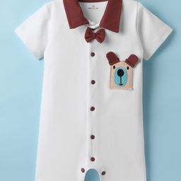 Mark & Mia Cotton Knit Half Sleeves Rompers with Bow Applique & Bear Patch - White-image-55