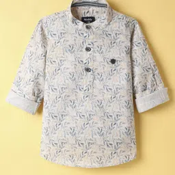 Noddy Cotton Full Sleeves Leaves Printed Kurta Style Shirt - Green-picture-14