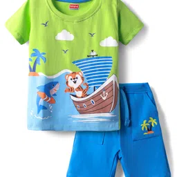 Babyhug Single Jersey Knit Half Sleeves T-Shirt & Shorts Set with Beach Theme Print - Limegreen-picture-42