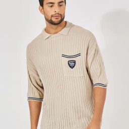 Styli Cream Relaxed Fit Self Pattern Polo T-Shirt-image-26