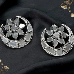 Teejh Ethnic Manth Silver Oxidized Mirror Stud Earrings-47