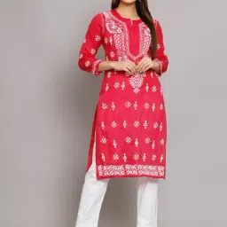 PARAMOUNT CHIKAN Fuchsia Cotton Embroidered Straight Kurta-picture-6