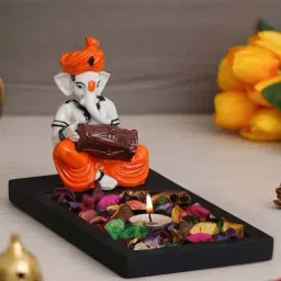 eCraftIndia Orange & Black Polyresin Ganesha Showpiece & Fragnanced Petals and Tealight-image-27