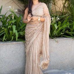 Odette Beige Embellished Saree With Unstitched Blouse-image-58