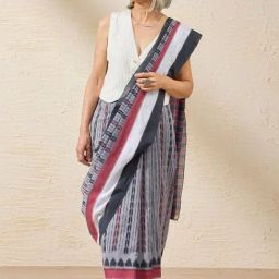 Taneira Grey & Pink Cotton Printed Saree With Unstitched Blouse-24