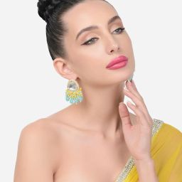 Zaveri Pearls Turquoise & Yellow Cluster Beads Embellished Kundan Drop Earrings-ZPFK15638 image 4