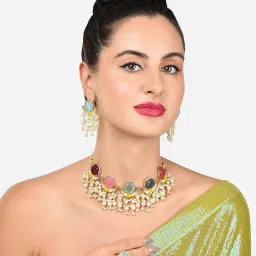 Zaveri Pearls Multicolor Cluster Beads Drop Crescent Choker Necklace Earring & Ring Set-ZPFK16081 image 4