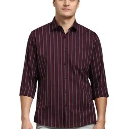 Louis Philippe Maroon Cotton Slim Fit Striped Shirt-image-47