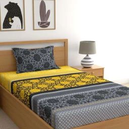 Dreamscape Grey & Mustard Cotton 144 TC Single Bedsheet with 1 Pillow Cover-image-2