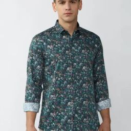 V Dot Green Cotton Slim Fit Printed Shirt-image-33