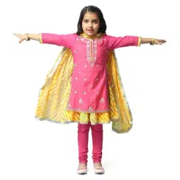 BIBA Girls Pink & Yellow Cotton Embroidered Kurta Set-image-73