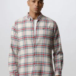 The Bear House Cream & Red Cotton Slim Fit Checkered Shirt-image-6