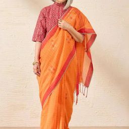 Taneira Orange Cotton Printed Saree With Unstitched Blouse-image-13
