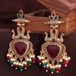 Priyaasi Temple Style Peacock Beaded Dangler Earrings-35